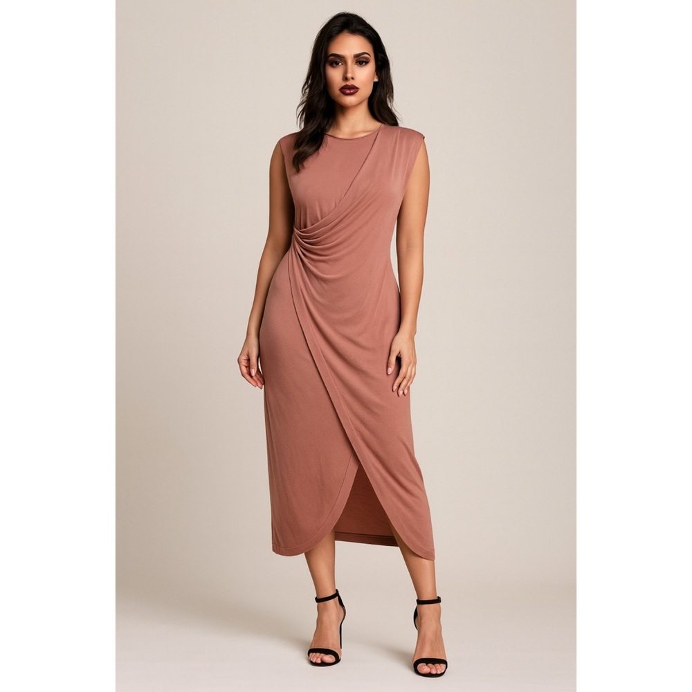 🥈 379. Topshop Asymmetrical Draped Midi Dress in Soft Mauve Pink - Picture 1 of 9